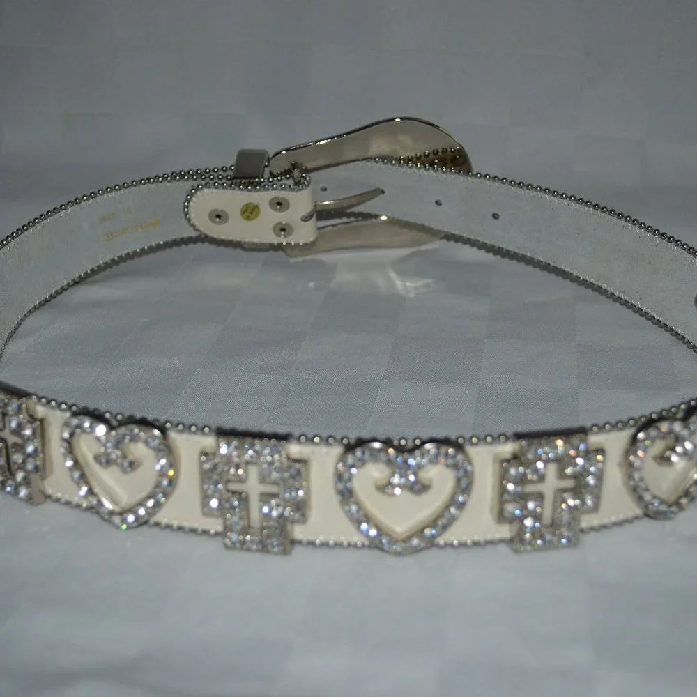 Sz S White Leather Swarovski Crystal Hearts Crosses Belt and Buckle